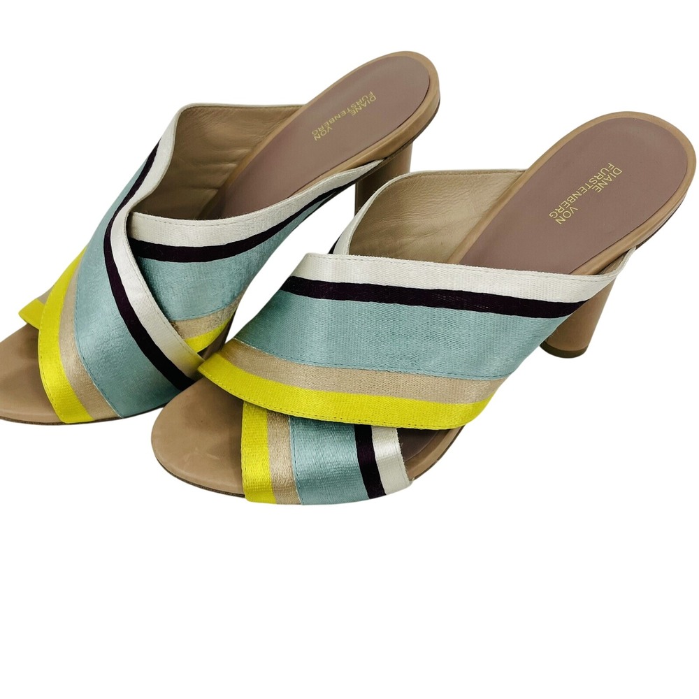 Diane von Furstenberg Striped Block Heel Mules Blue Yellow Tan Size 7M
